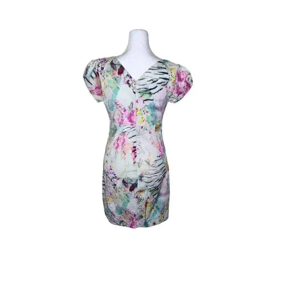 Artsy Floral Cap Sleeve Mini Body Con Dress Womens S Blue